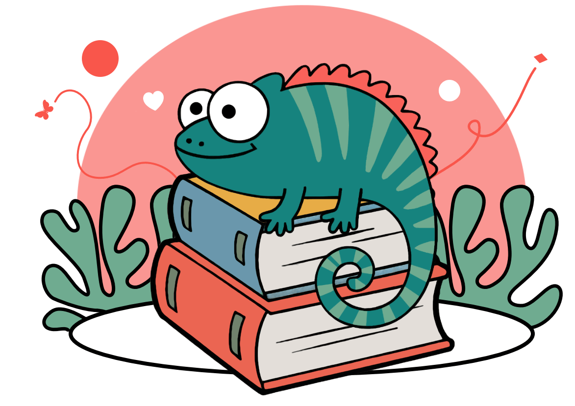 YFD Chameleon mascot sitting on books, representing AI that adapts to your writing genre